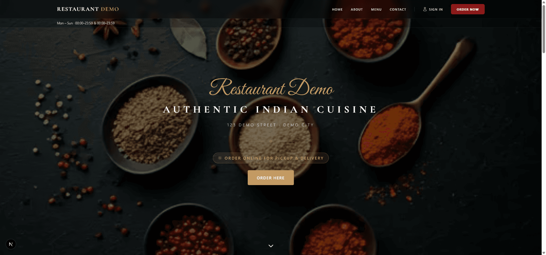 A restaurant storefront built on EPos 365: full-page hero image, business name, hours and address, and an online-ordering button.